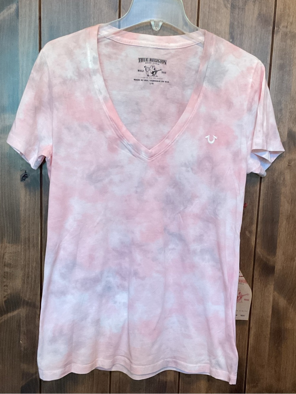 True Religion Women's Pink Tie-Dye V-Neck Tee